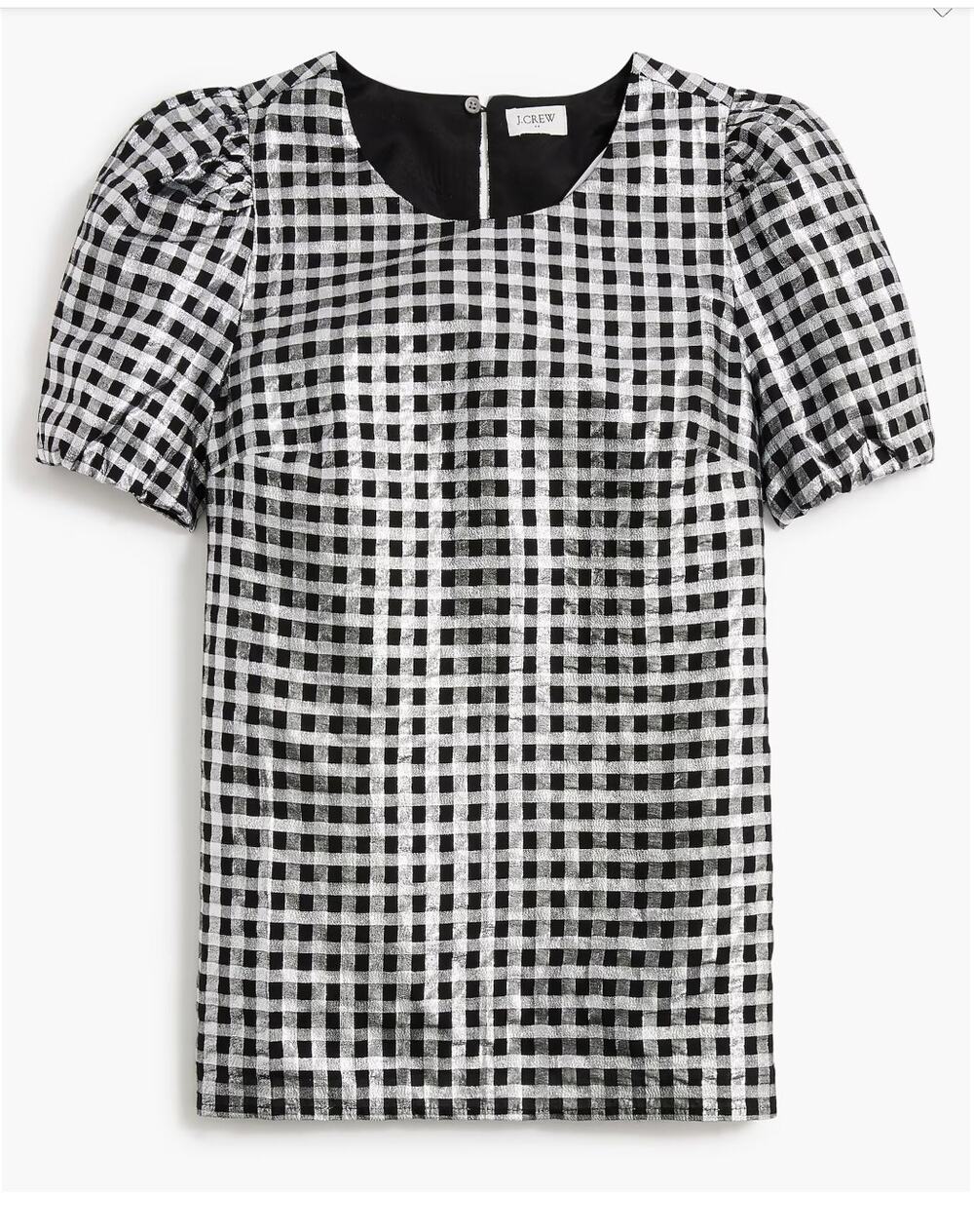 J.CREW Black & Silver Metallic Gingham Puff-Sleeve Blouse BV627 // M